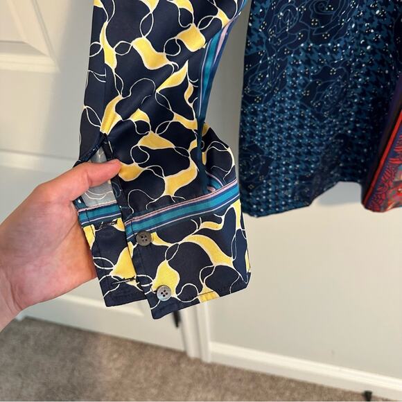 Staud Blue Red Artsy Patchwork Long Sleeve Button Front Top Blouse Medium - Picture 4 of 16